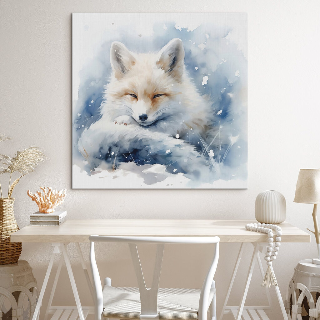 Watercolor of a fox lying in the snow