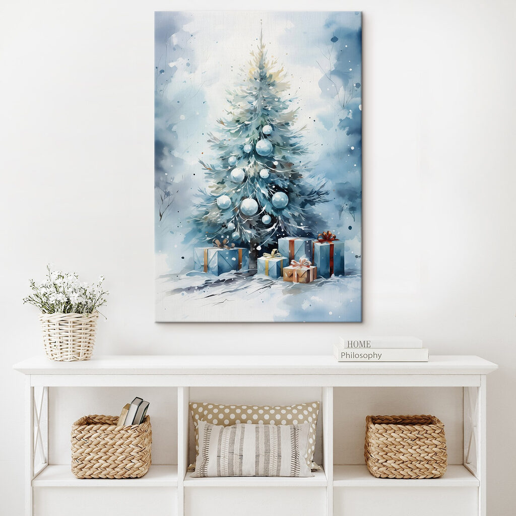 Watercolor of a christmas tree with presents