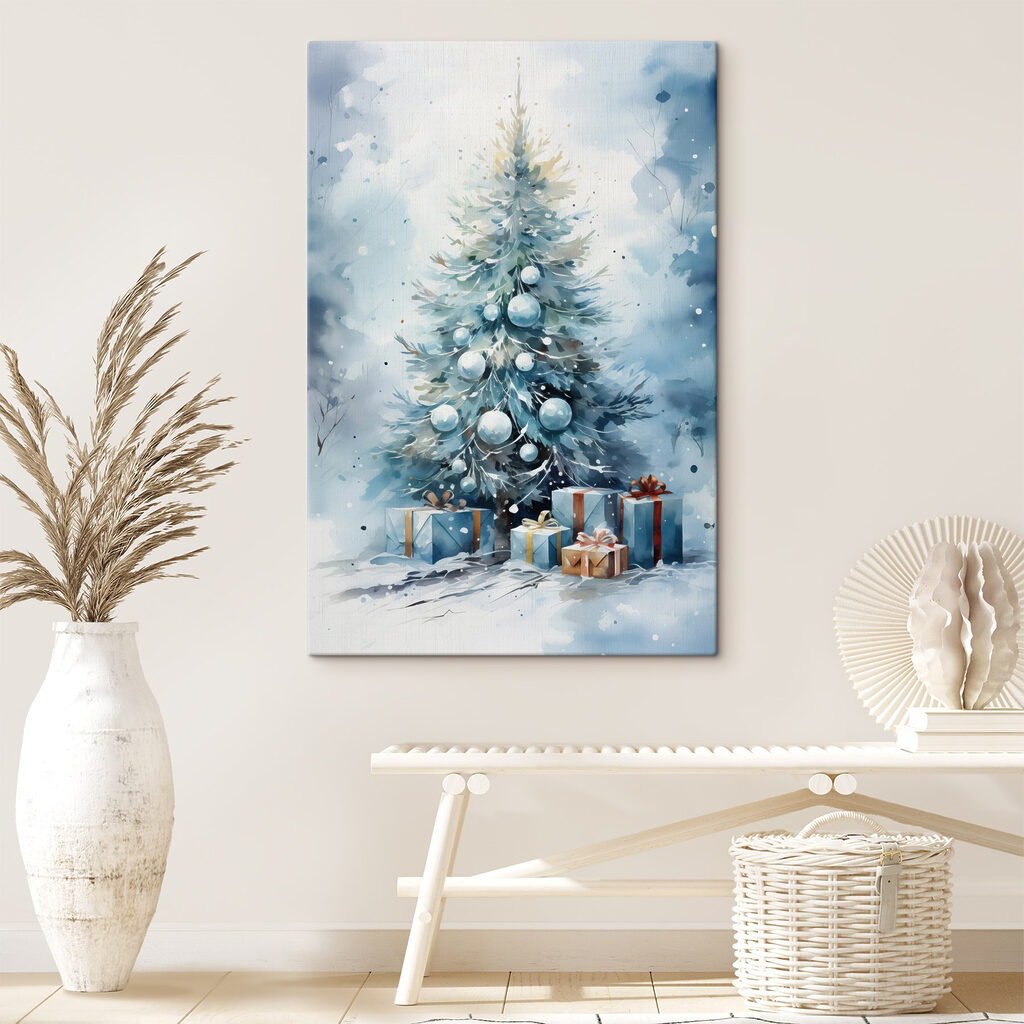 Watercolor of a christmas tree with presents