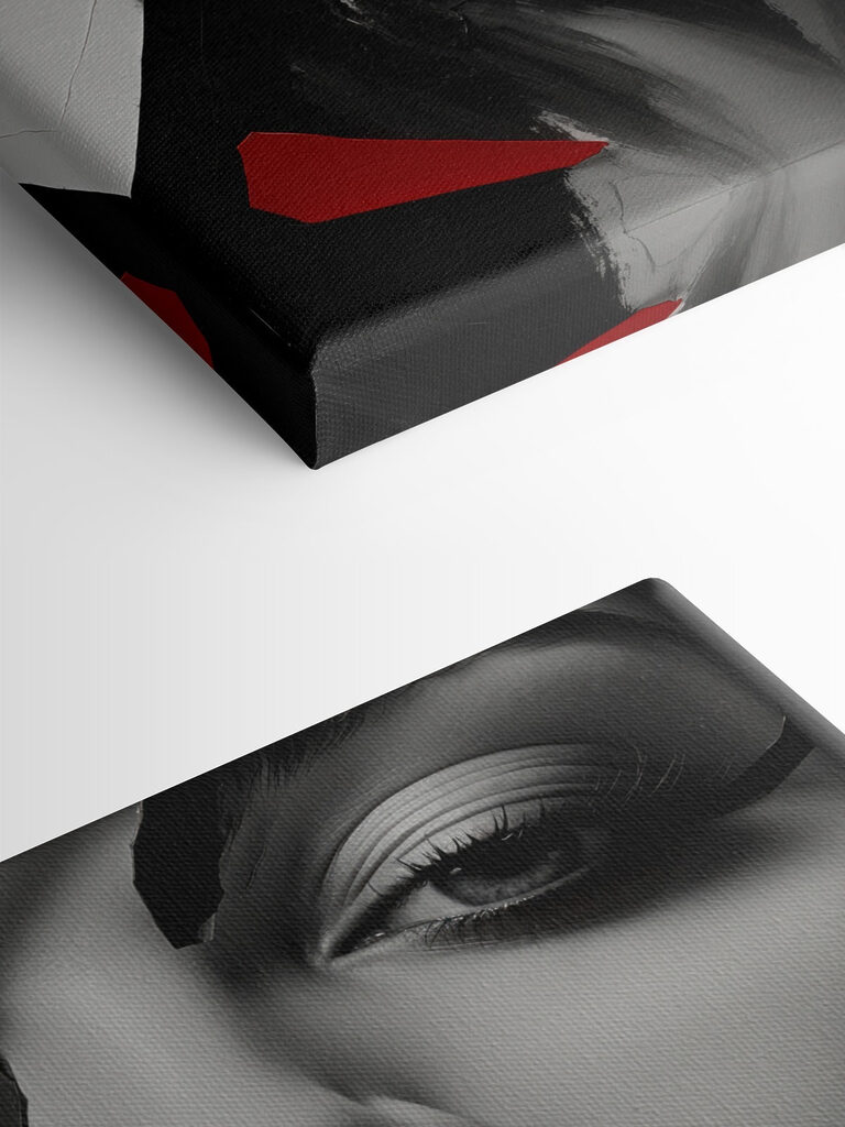 Red lips amidst abstract design