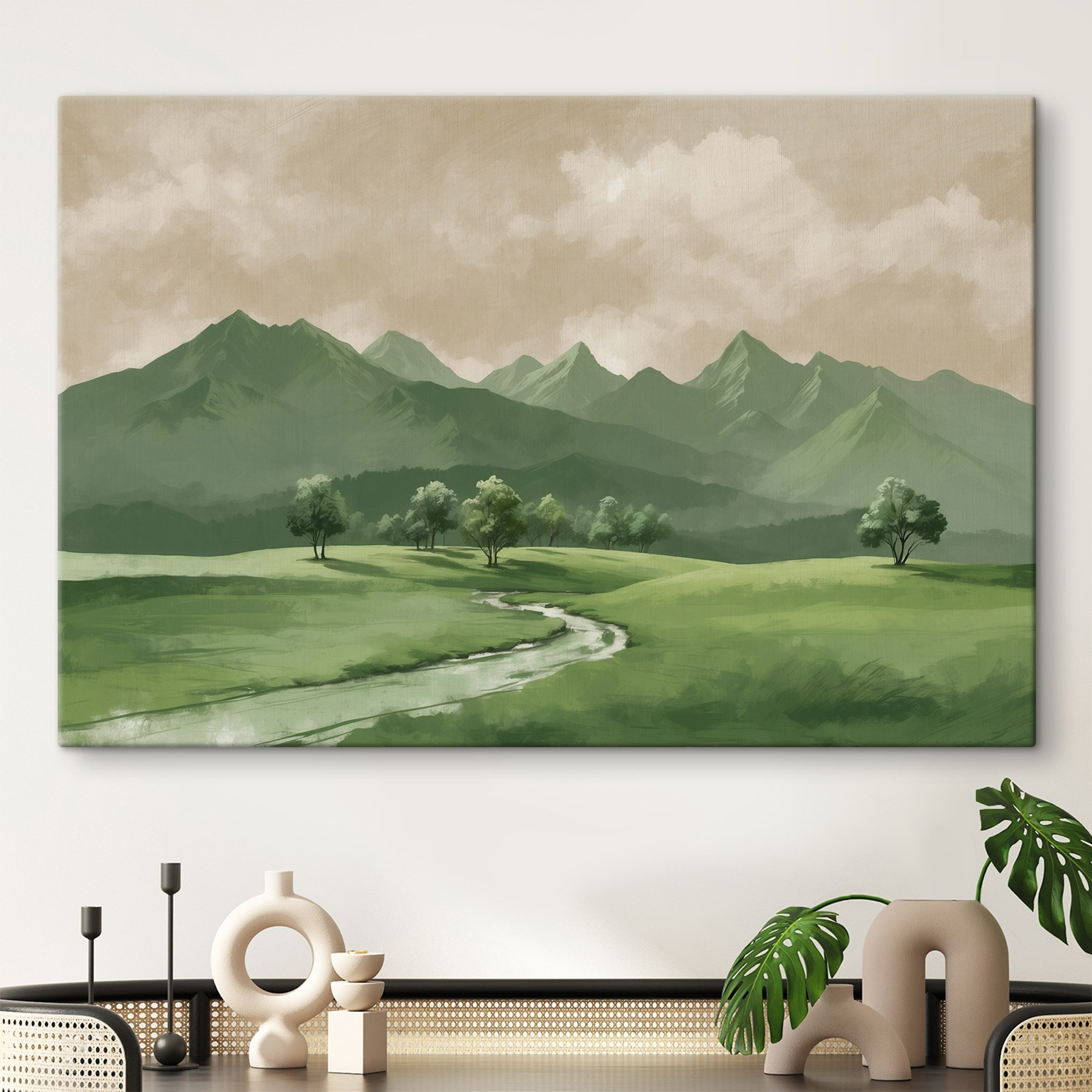 River running through a valley with trees and mountains