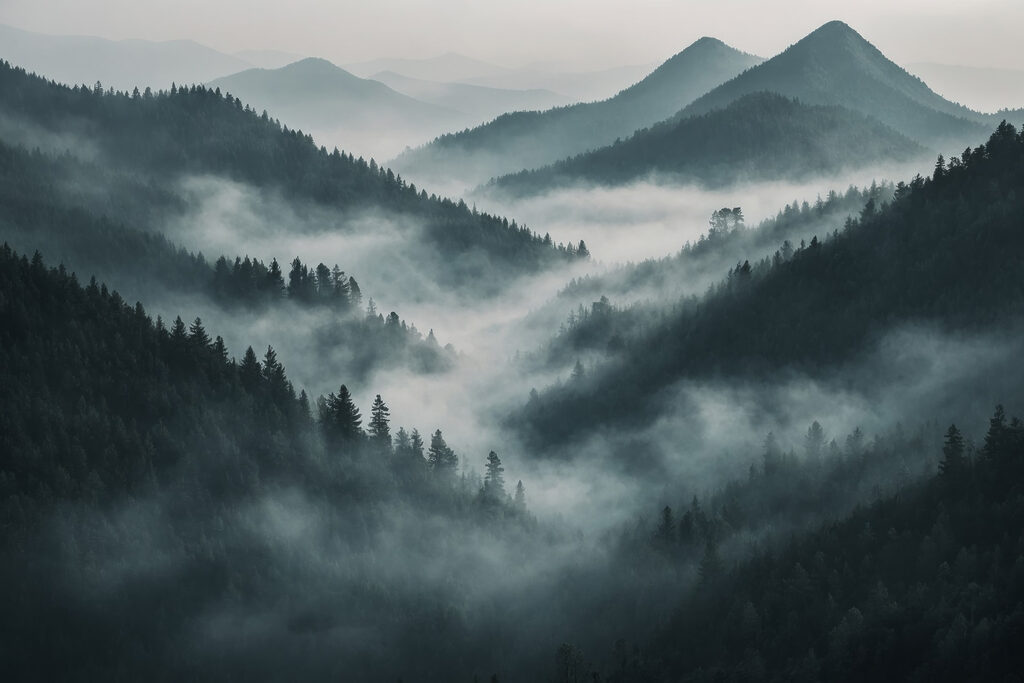 Foggy mountain range with trees