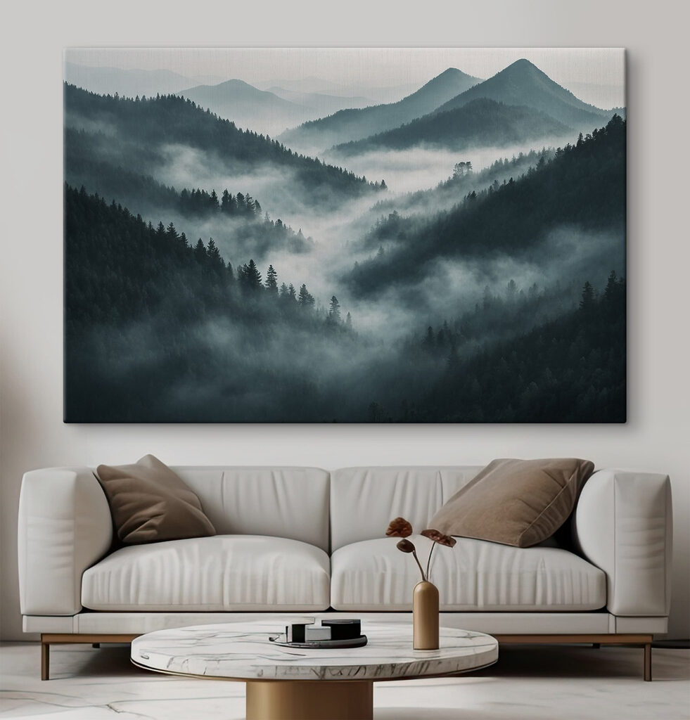 Foggy mountain range with trees
