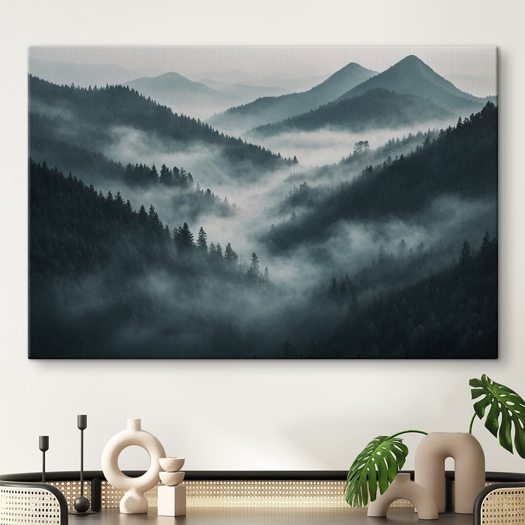 Foggy mountain range with trees
