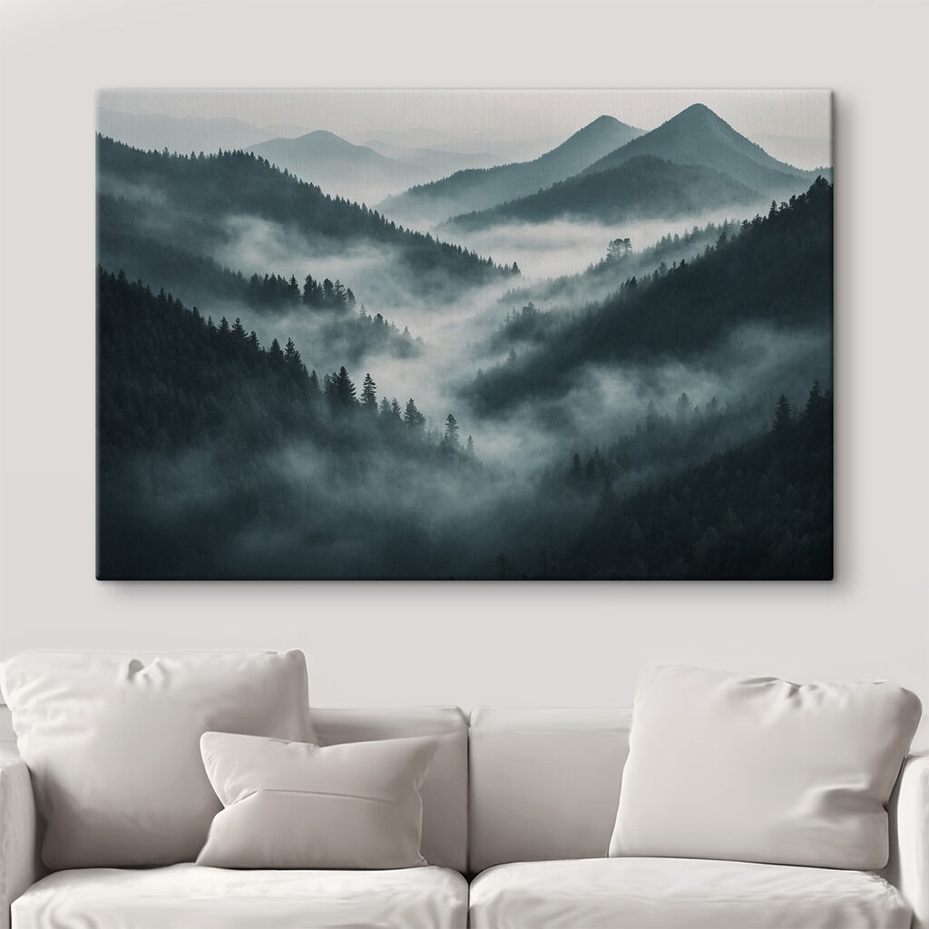 Foggy mountain range with trees
