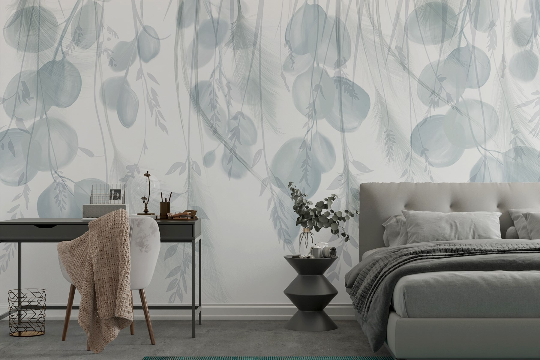 White and gray background with feathers and flowers