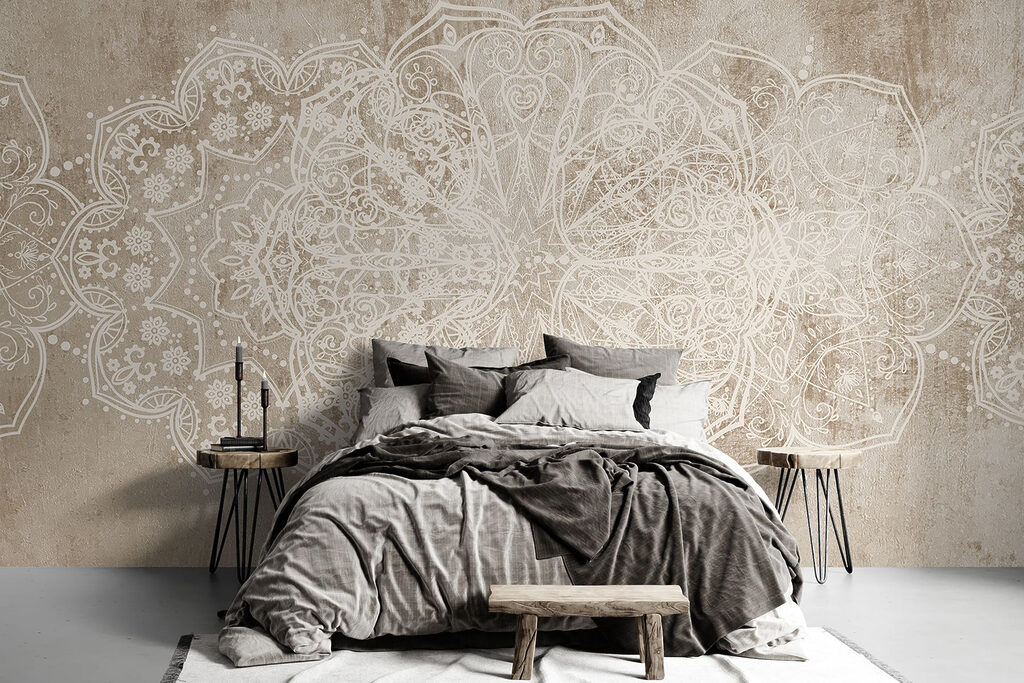 White ornate design on a brown surface White ornate design on a brown surface