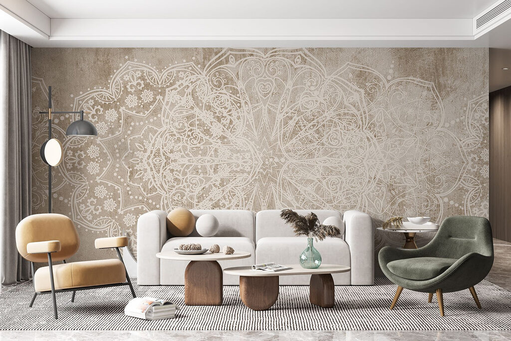 White ornate design on a brown surface White ornate design on a brown surface