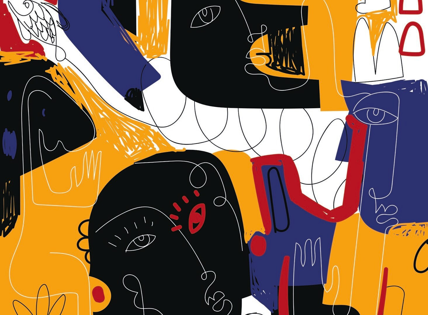 Colorful art with black and blue faces