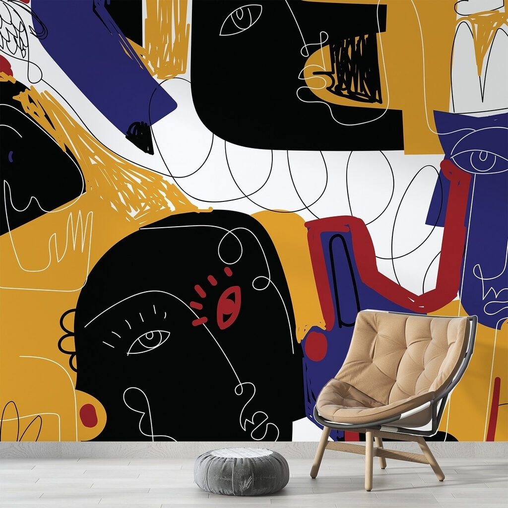 Colorful art with black and blue faces