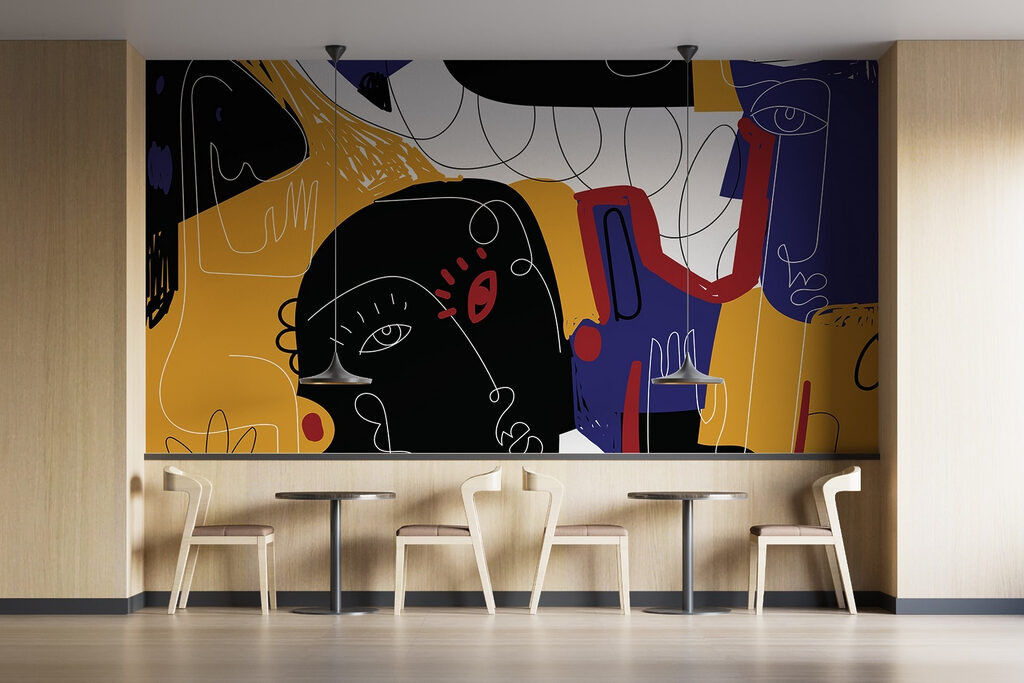 Colorful art with black and blue faces