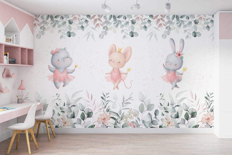 Group of animals in pink tutu skirts and flowers Group of animals in pink tutu skirts and flowers