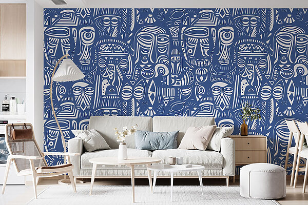 Blue and white pattern of faces Blue and white pattern of faces