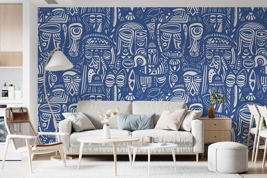 Blue and white pattern of faces Blue and white pattern of faces