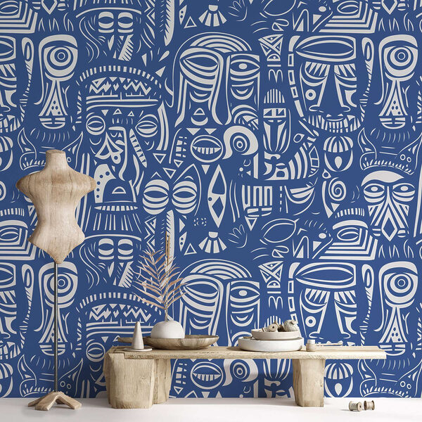 Blue and white pattern of faces Blue and white pattern of faces