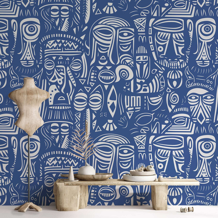 Blue and white pattern of faces Blue and white pattern of faces
