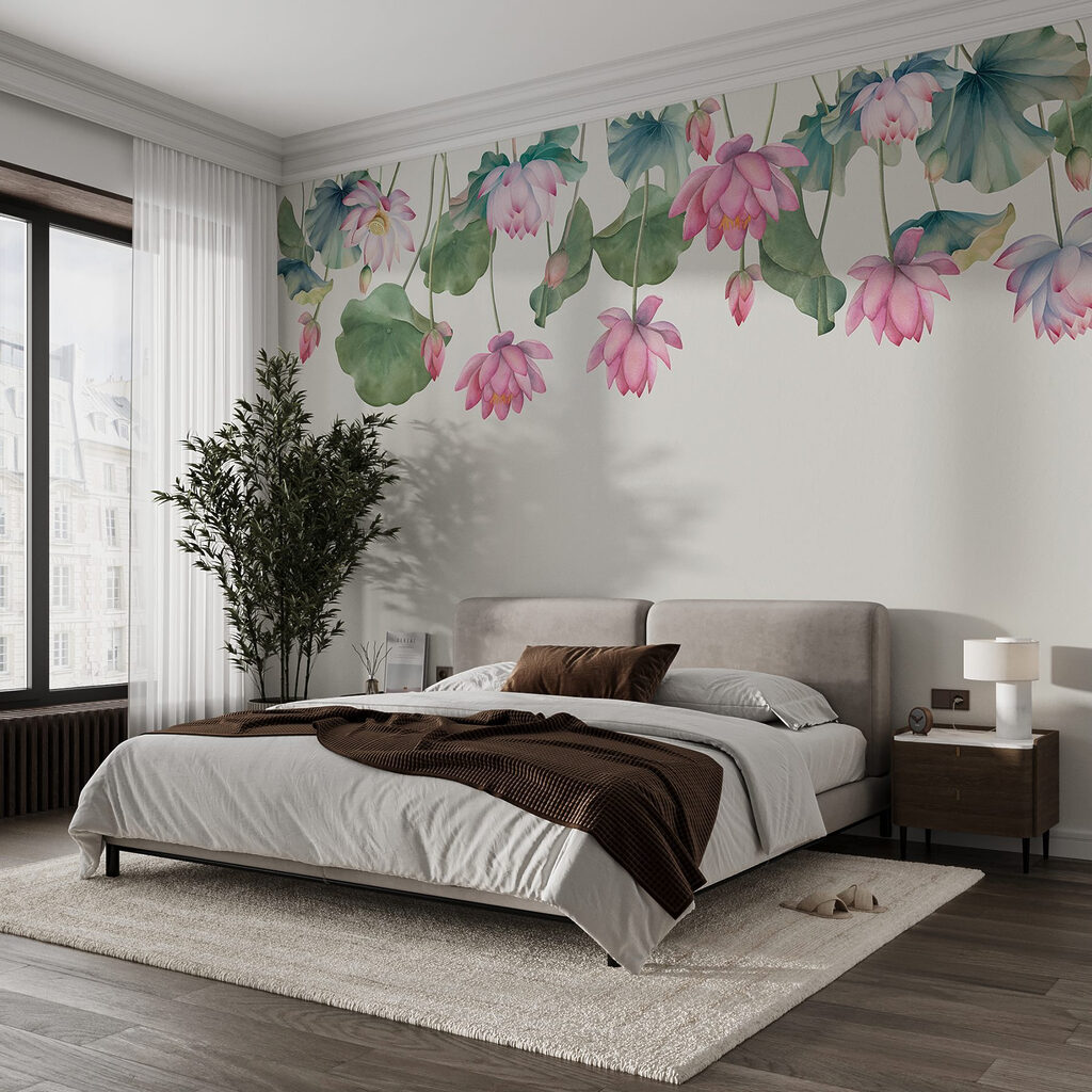 Watercolor painting of pink flowers and green leaves