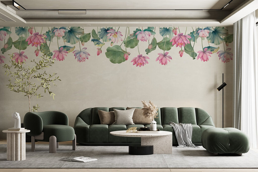 Watercolor painting of pink flowers and green leaves