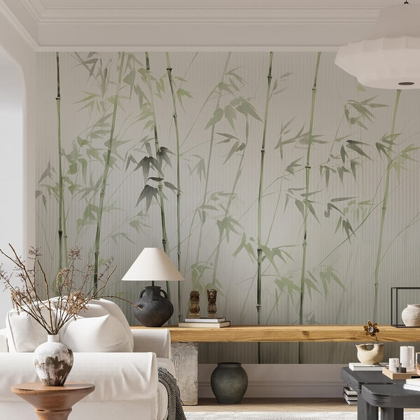 Bamboo stems with leaves painted on them Bamboo stems with leaves painted on them