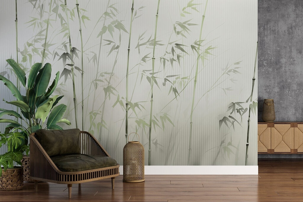 Bamboo stems with leaves painted on them Bamboo stems with leaves painted on them