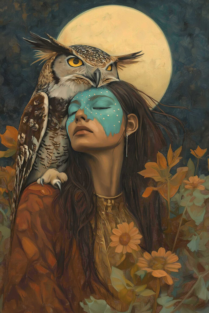 Painting of a woman with an owl on her head Painting of a woman with an owl on her head