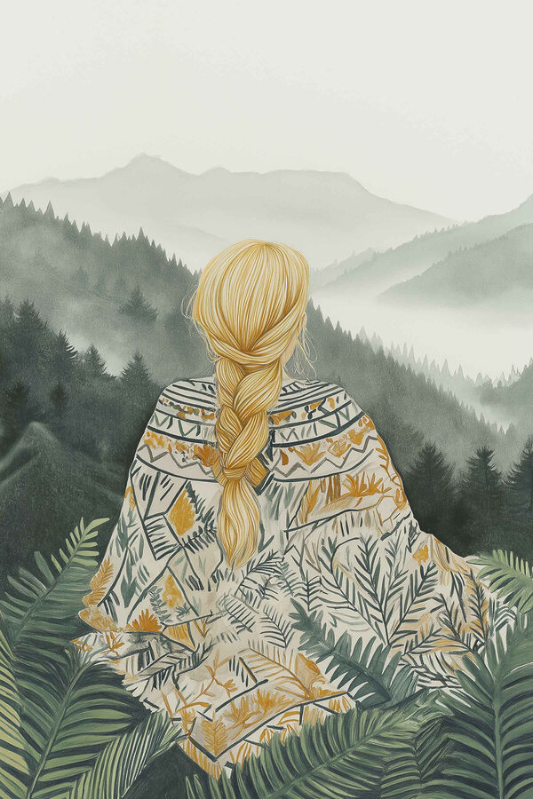 Woman sitting in a forest looking at mountains Woman sitting in a forest looking at mountains