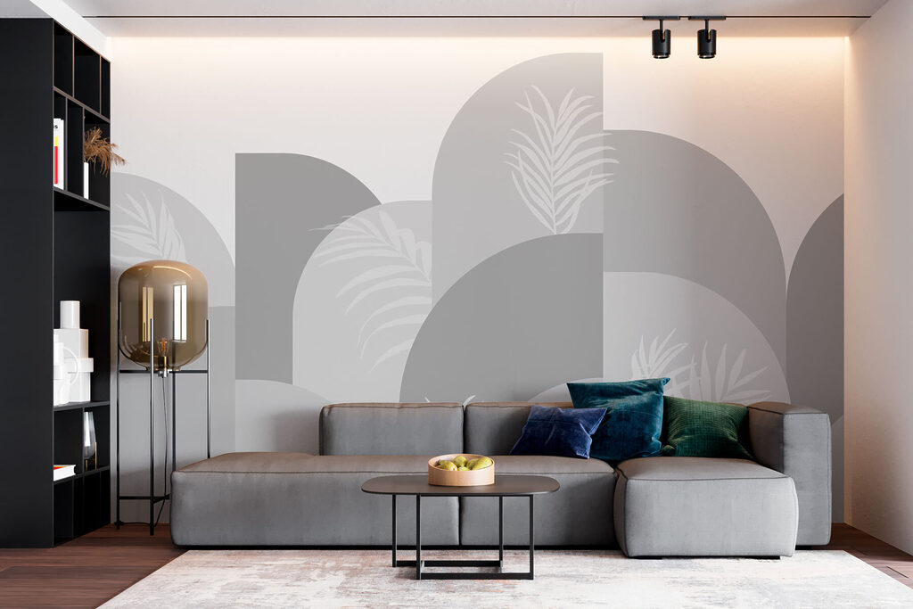 Grey and white background with white leaves Grey and white background with white leaves