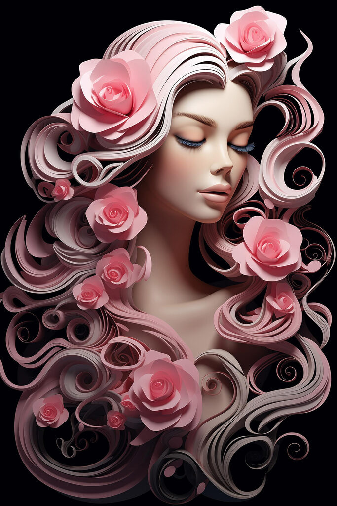 Woman with pink flowers and long hair Woman with pink flowers and long hair
