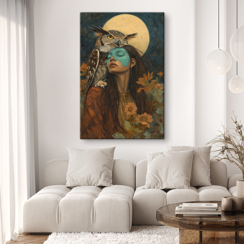 Painting of a woman with an owl on her head Painting of a woman with an owl on her head
