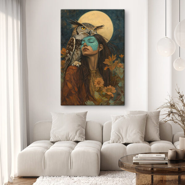 Painting of a woman with an owl on her head Painting of a woman with an owl on her head