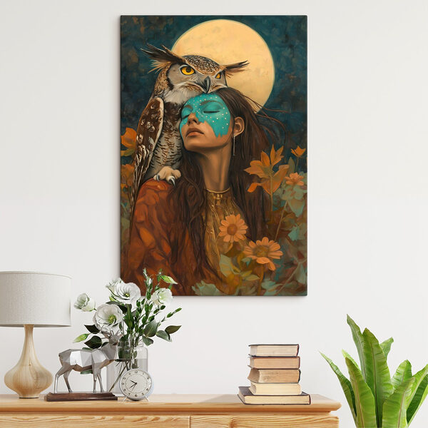 Painting of a woman with an owl on her head Painting of a woman with an owl on her head