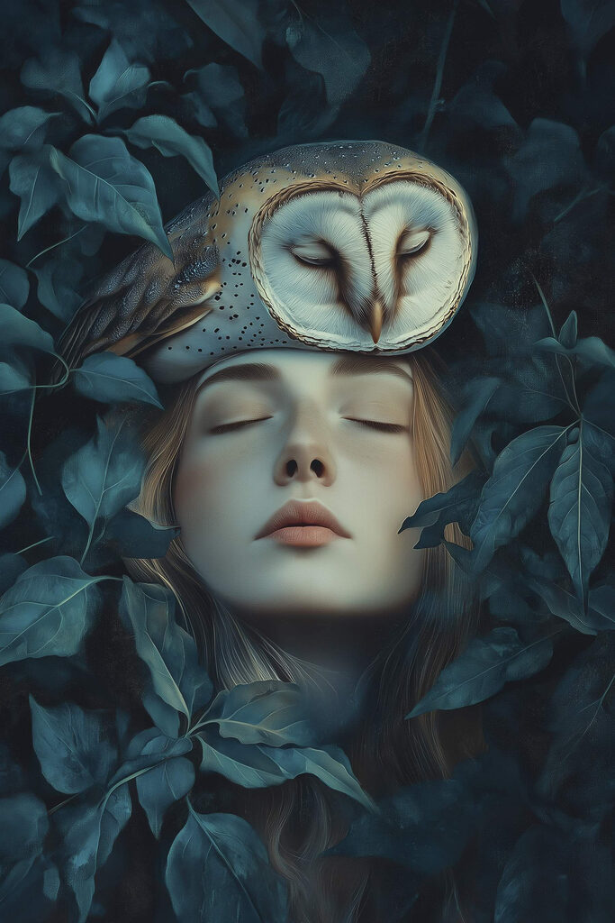 Woman with an owl on her head Woman with an owl on her head