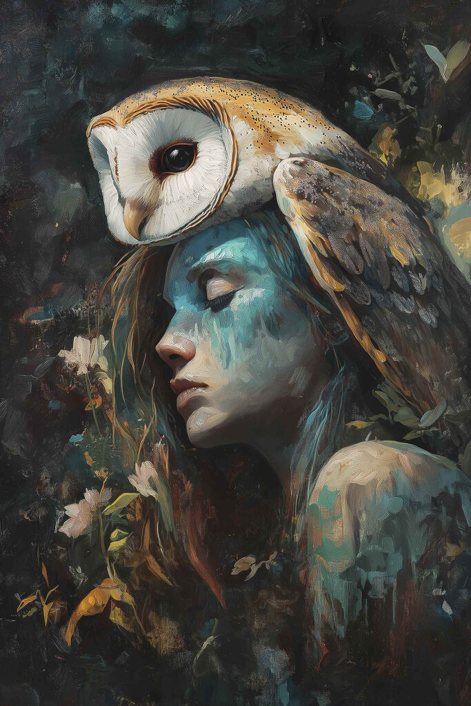 Painting of a woman with an owl on her head