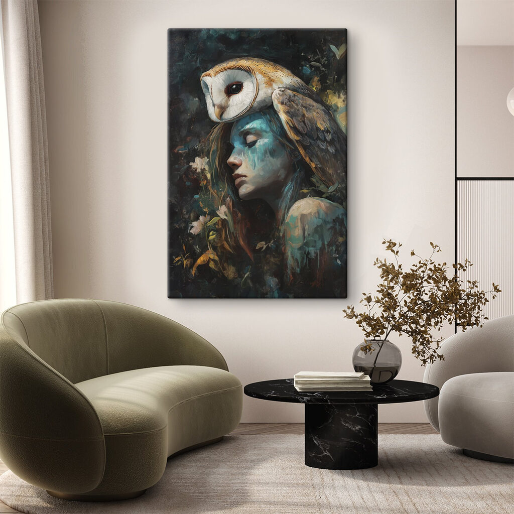 Painting of a woman with an owl on her head