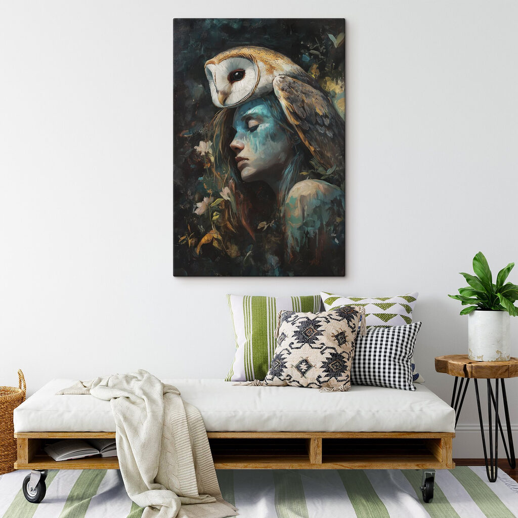 Painting of a woman with an owl on her head