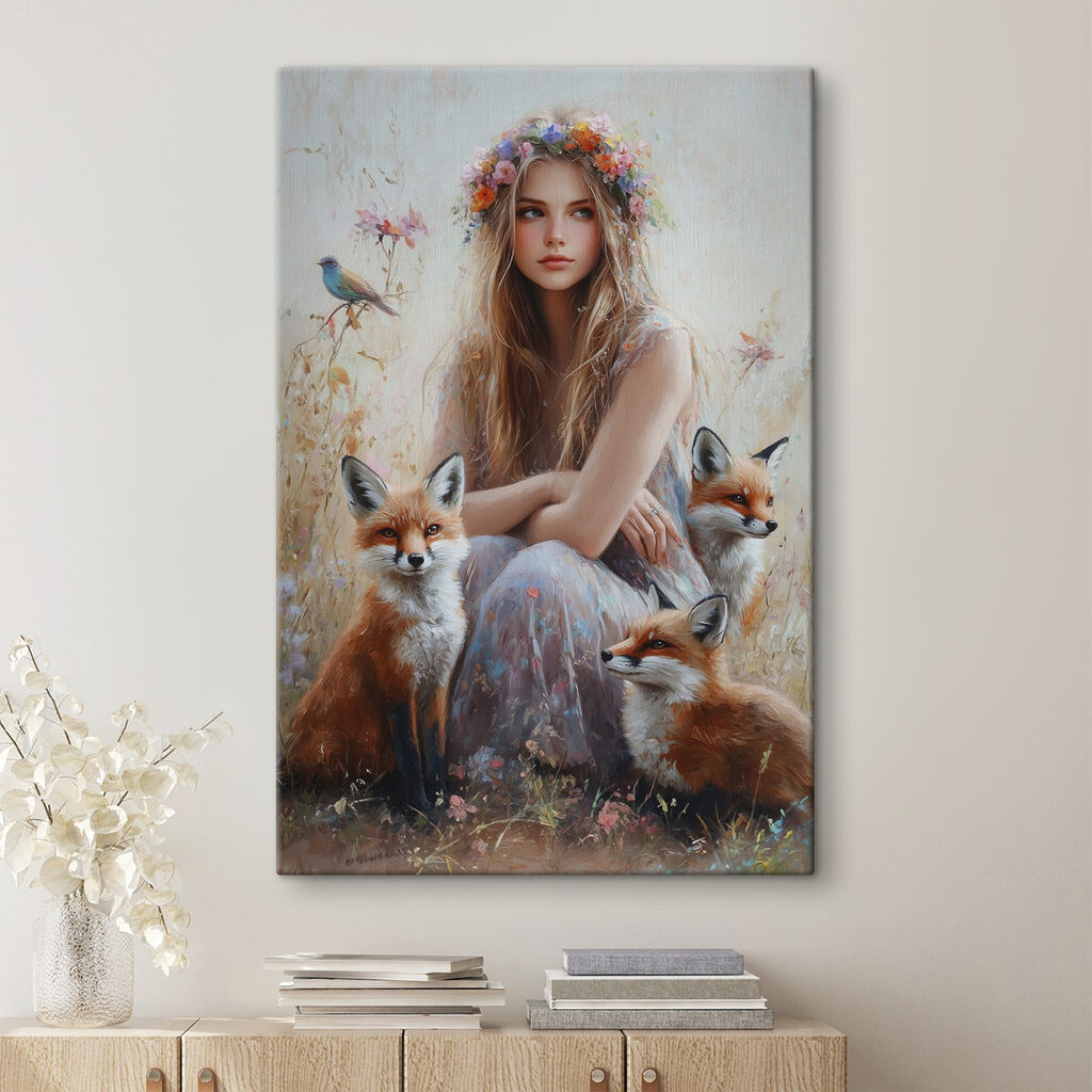 Painting of a woman with foxes