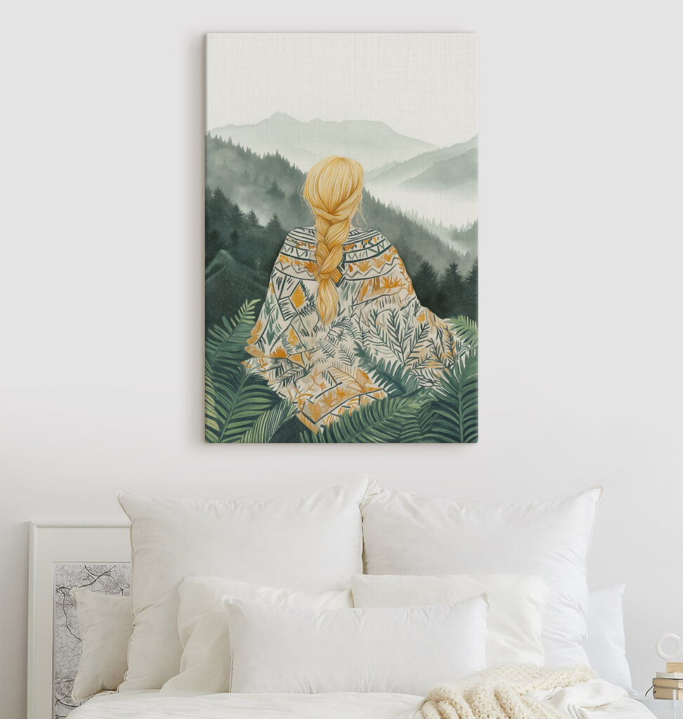 Woman sitting in a forest looking at mountains