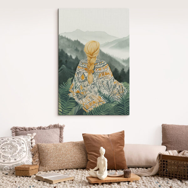 Woman sitting in a forest looking at mountains Woman sitting in a forest looking at mountains