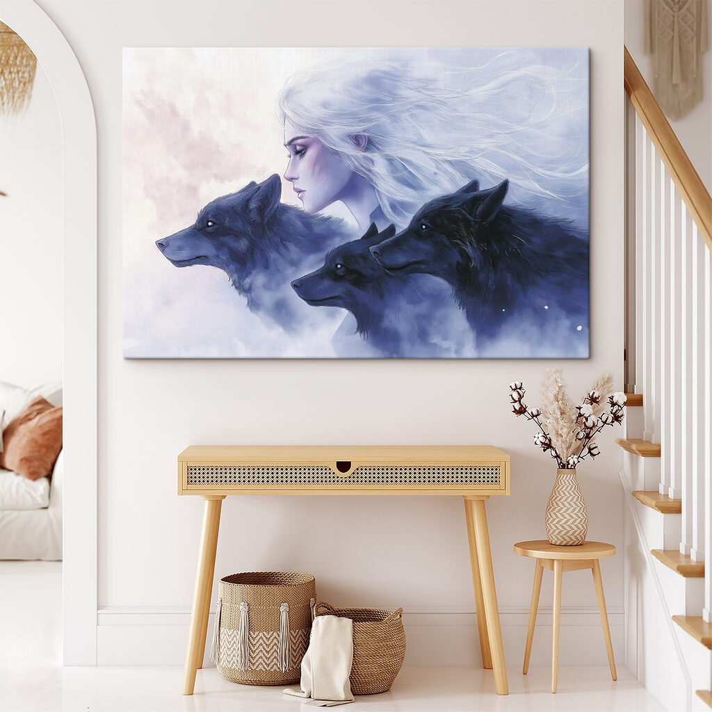 Woman with white hair and wolfs