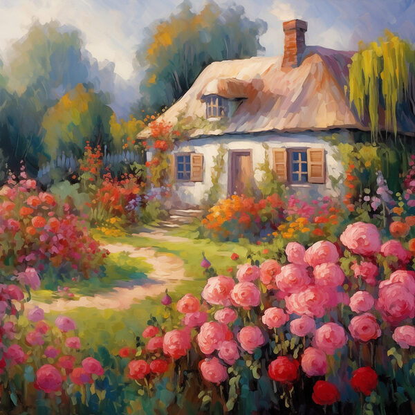 Painting of a house with flowers Painting of a house with flowers