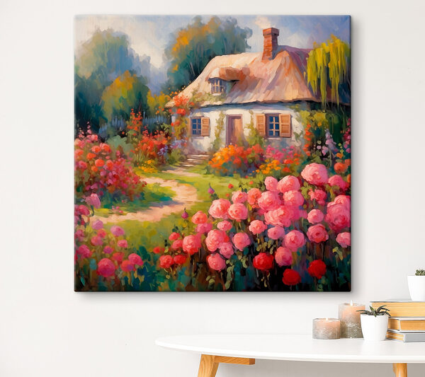 Painting of a house with flowers Painting of a house with flowers