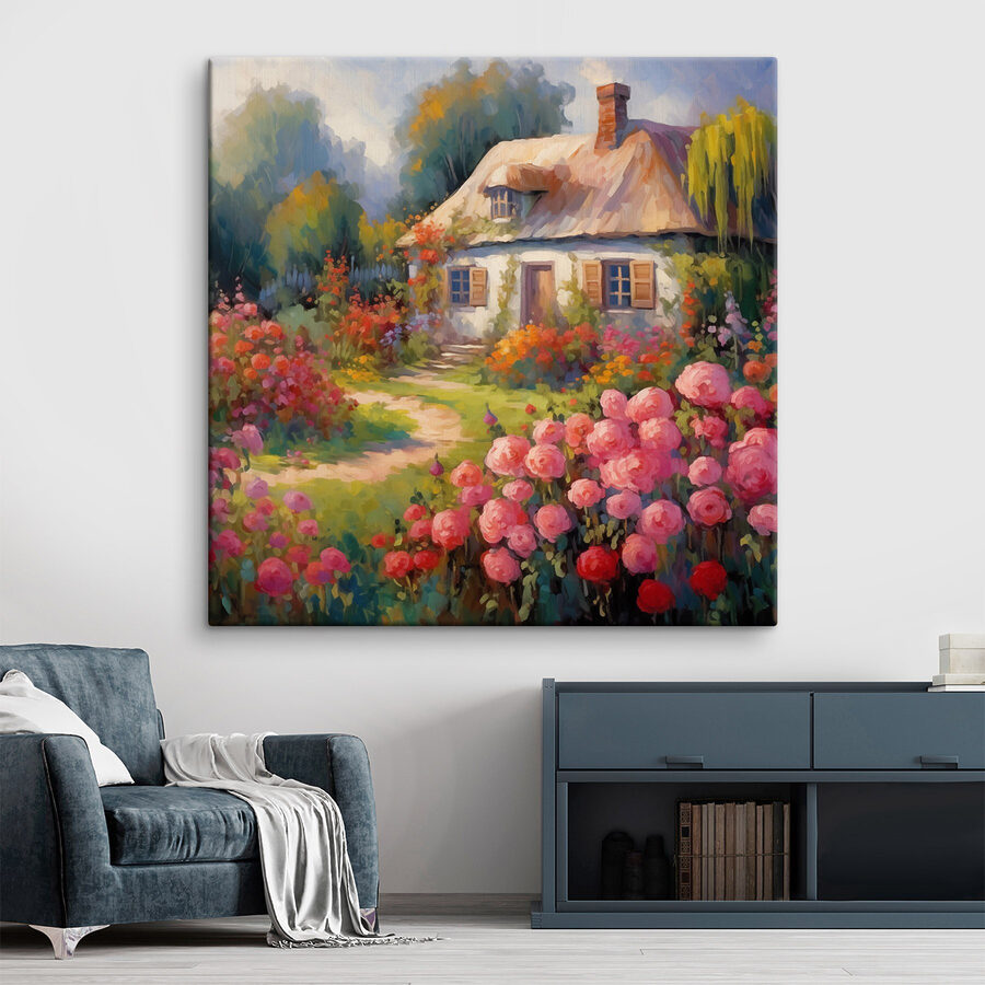 Painting of a house with flowers Painting of a house with flowers