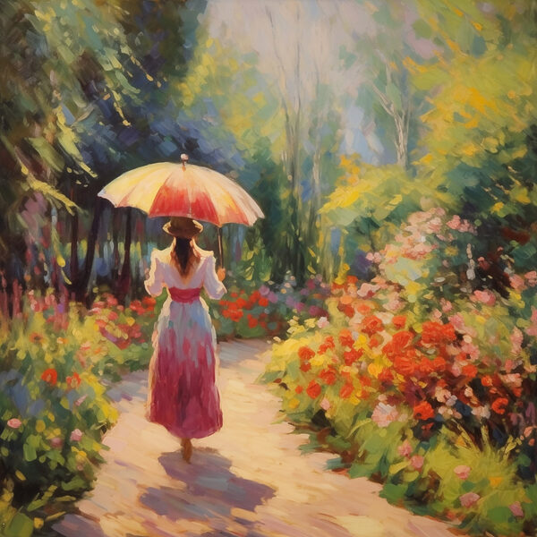 Woman walking down a path with a large umbrella Woman walking down a path with a large umbrella