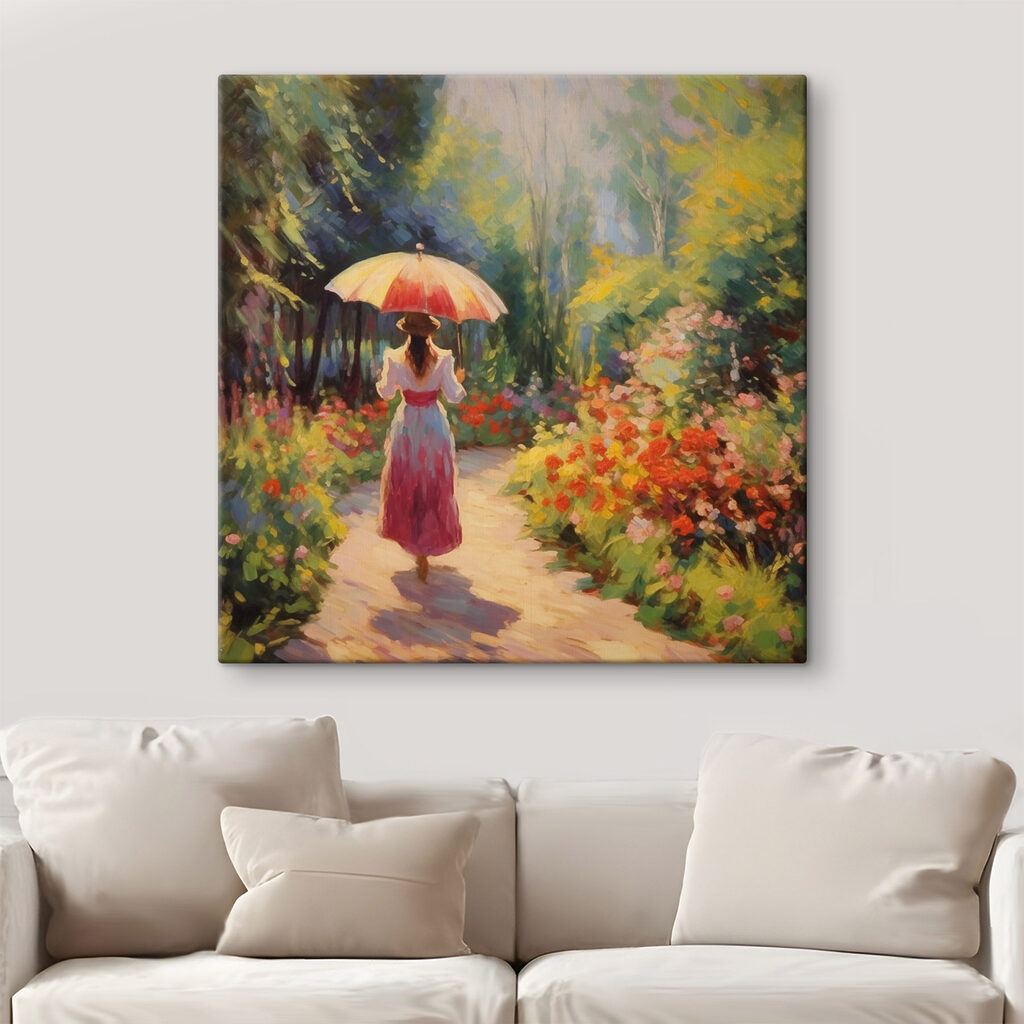 Woman walking down a path with a large umbrella Woman walking down a path with a large umbrella