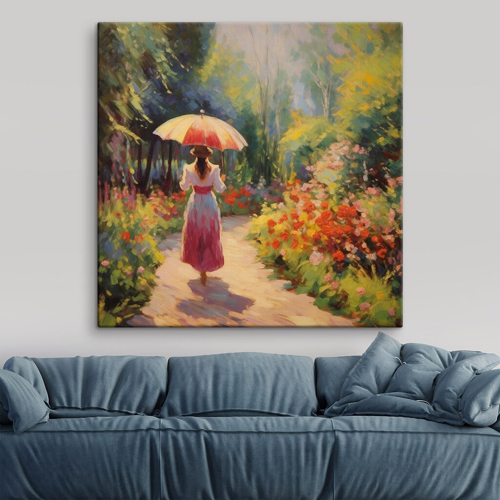 Woman walking down a path with a large umbrella Woman walking down a path with a large umbrella