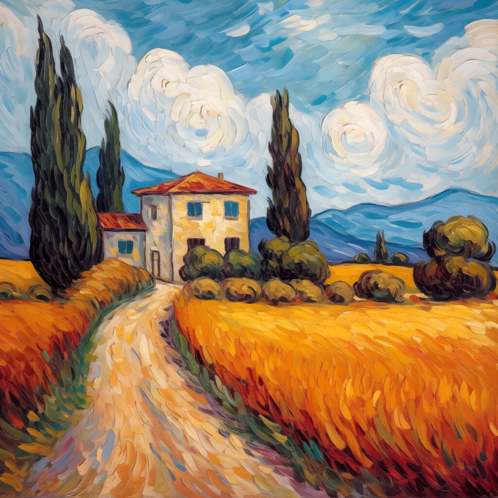 Painting of a house in a wheat field