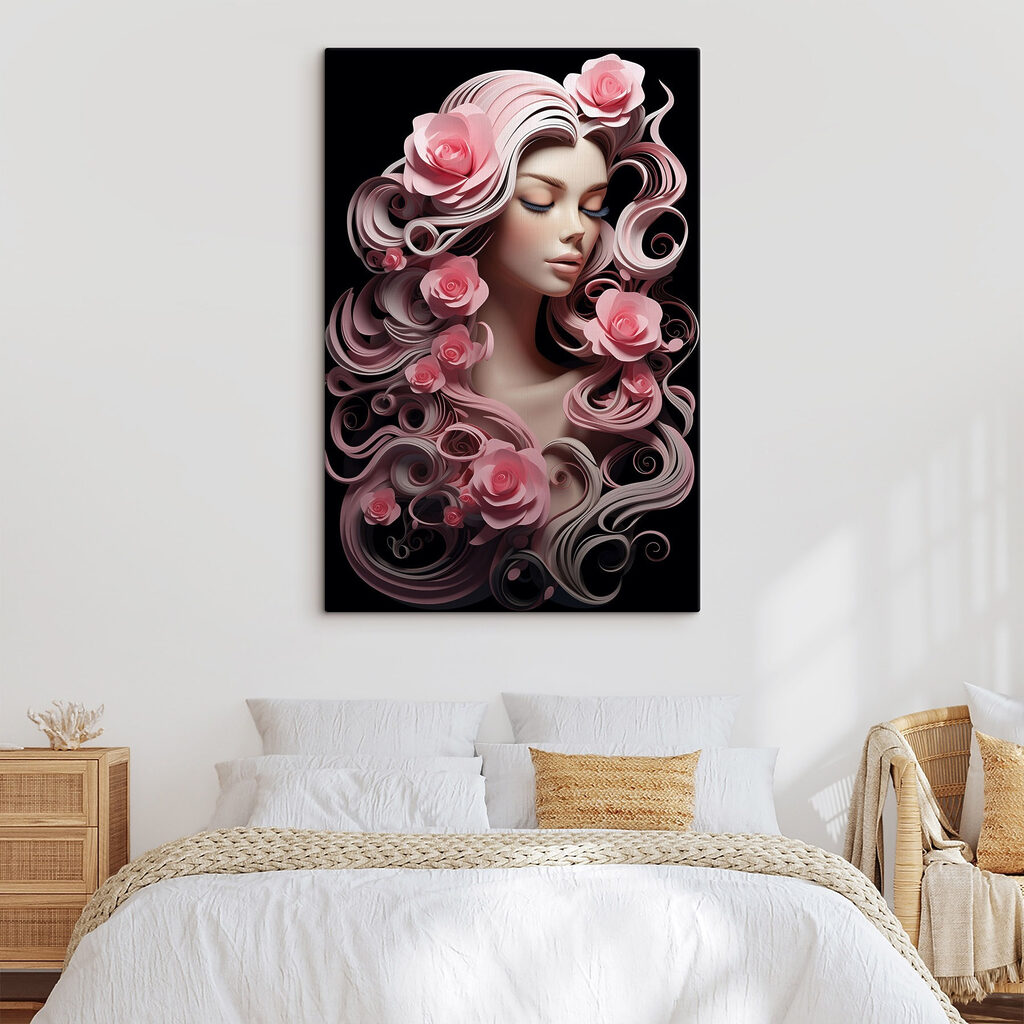 Woman with pink flowers and long hair Woman with pink flowers and long hair