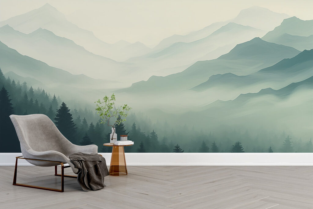 Foggy mountain landscape with trees