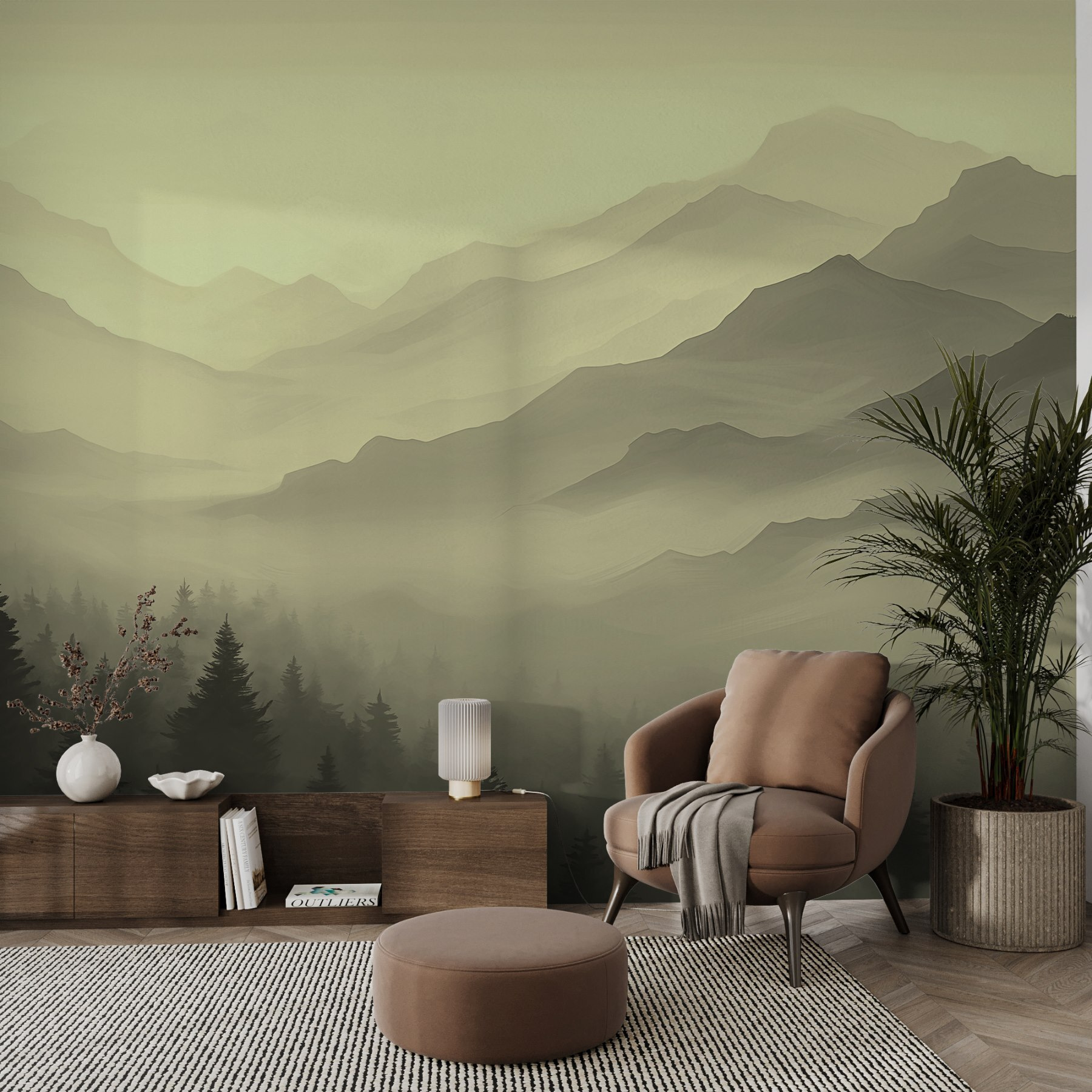 Foggy mountain landscape with trees