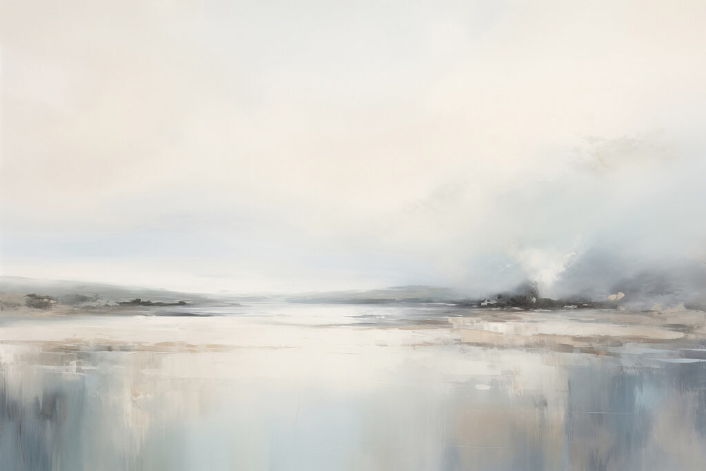 Painting of a landscape with a body of water and fog